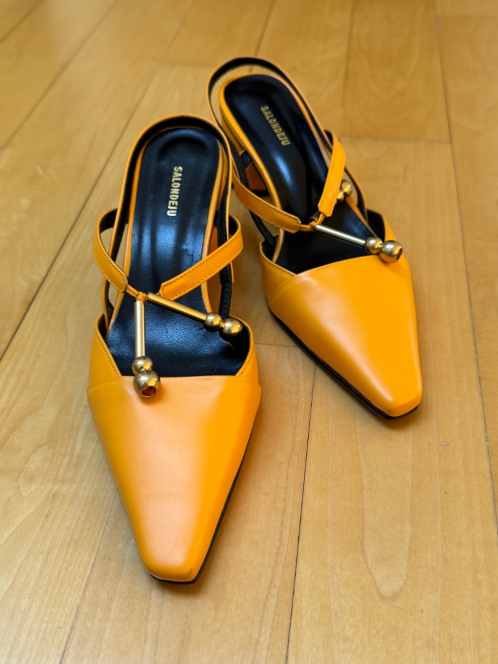 Salondeju Orange Leather Slingback Heels with Brass Details